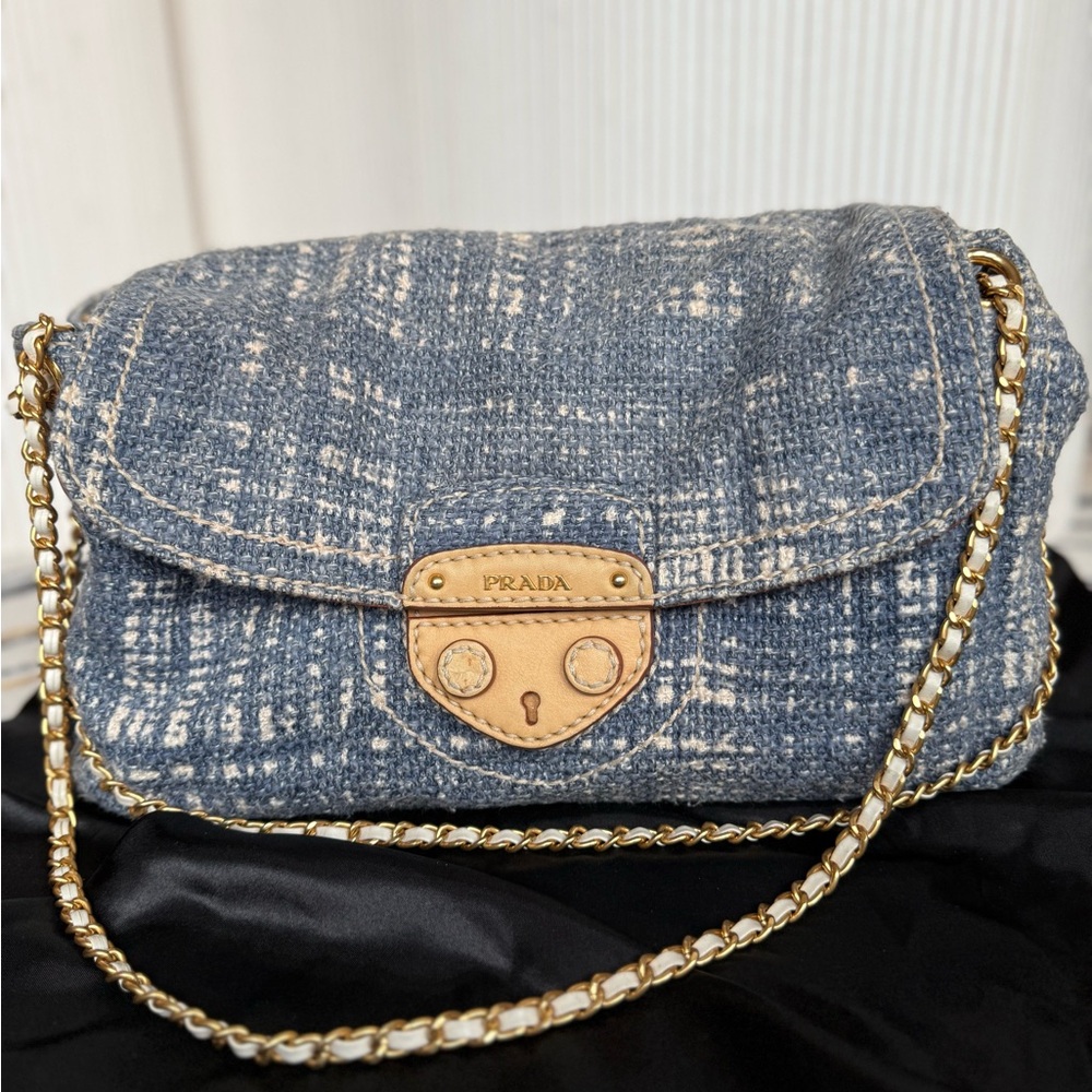 Prada Blue Tweed Shoulder Bag with Gold Chain and Tan Leather Trim